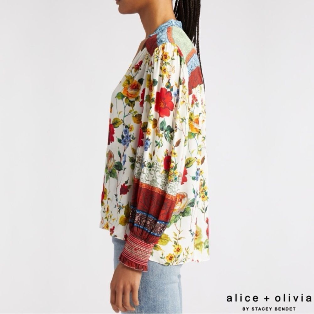 Alice + Olivia Serena Dew White Red Blouse Floral Button Front Size M - Picture 7 of 12